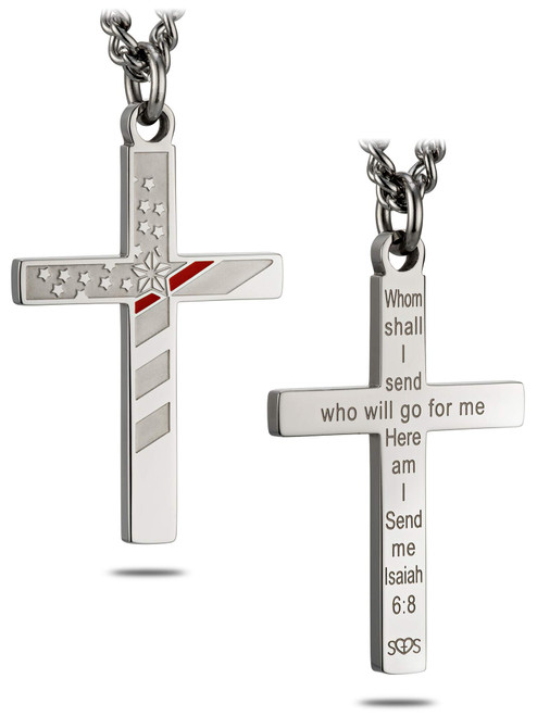 Patriotic Thin Red Line Stainless Steel Flag Cross Necklace for Men - Honoring Firefighters and First Responders