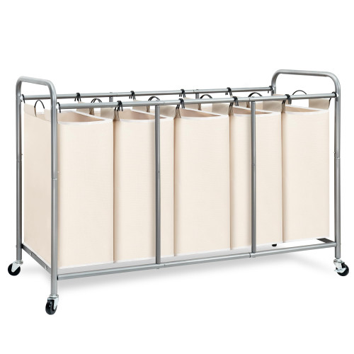 STORAGE MANIAC 5 Section Laundry Sorter, 5 Bins Rolling Separator Laundry Basket, Dirty Clothes Hamper Divider with Heavy Duty Rolling Lockable Wheels, Large Clothes Organizer Cart, Beige