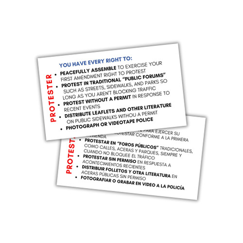 Protester Know Your Constitutional Rights Card 50pk 2x3.5” Talking To Police Spanish English ICE Bulk Law Enforcement Information Free Speech Violated