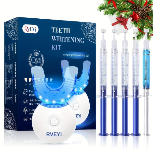 RVEYI Teeth Whitening Kit - LED Light Timer, Pro Professional for Sensitive Teeth 35% Carbamide Peroxide,4 * 3ml Gel Syringes, 1* Remineralization Gel, and Tray