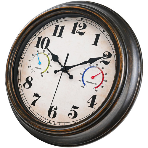 12 Inch Outdoor Wall Clock with Thermometer & Hygrometer , Waterproof Silent Round Easy to Read Indoor Otdoor Clock for Kitchen, Patio, Bathroom, Pool, Garage Decorative, Retro, Battery Operated