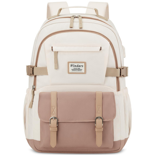 WINDARS School Backpack for Teen Girls, Elementary Middle High School College Student Bookbag Aesthetic Backpack Purse for Women Travel Back Pack Fit 15.6 Inch Laptop (Khaki Beige)