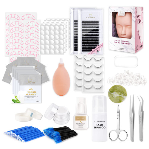 LANKIZ Eyelash Extension Kit, 448pcs Lash Practice Kit, Lash Kit for Eyelash Extensions Beginners, Eyelash Extension Supplies with Lash Mannequin Head for Training Makeup Practice