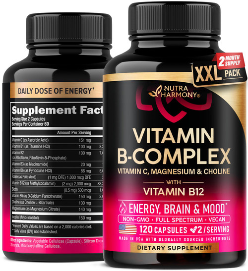 Vitamin B Complex for Men & Women - Made in USA - B-Complex: B1, B2, B3, B5, B6, B7, B8, B9, B12 with Vitamin C, Choline, Inositol - Energy, Brain & Heart Support Supplement, 120 Vegan Capsules Vitamin B Complex for Men & Women - Made in USA - B-Complex: B1, B2, B3, B5, B6, B7, B8, B9, B12 with Vitamin C, Choline, Inositol - Energy, Brain & Heart Support Supplement, 120 Vegan Capsules
