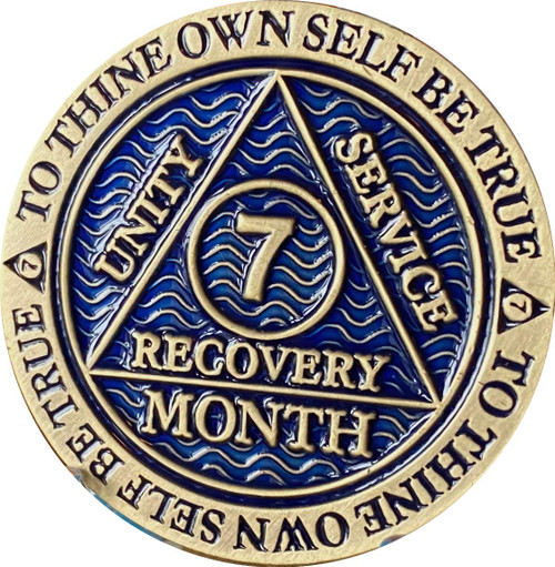 7 Month AA Medallion Antique Bronze Dusty Blue Color Sobriety Chip