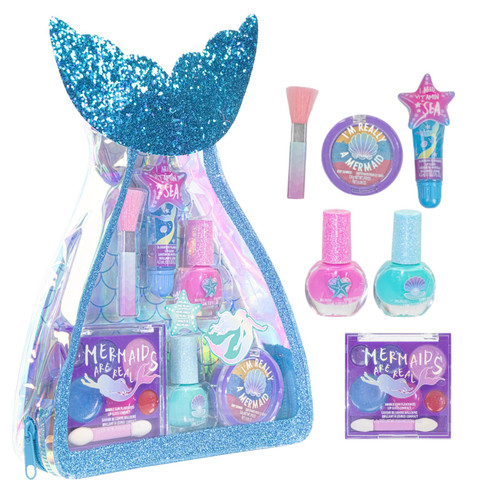 Townley Girl Mermaid Vibes Makeup Set with 8 Pieces, Including Lip Gloss, Nail Polish, Body Shimmer and More in Mermaid Bag, Ages 3+ for Parties, Sleepovers and Makeovers