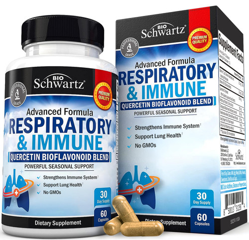 Respiratory & Immune Lung Support Supplement with Quercetin, Vitamin D & Cordyceps, Helps Soothe Respiratory Tissues While Loosening Mucus, Lung Health Vitamins for Women & Men, 60 Capsules