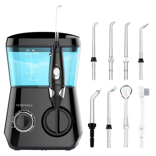 TUREWELL Water Flossing Oral Irrigator, 600ML Dental Teeth Cleaner 10 Adjustable Pressure, Electric Oral Flosser for Braces, 8 Replacement Jet Tips for Family (Black)