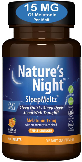 Nature's Night Triple Strength Quick Dissolve Melatonin 15mg with Supportive Blend | Natural Orange Flavor | 90 Count | Sugar Free, Vegan, Non-GMO, Drug Free