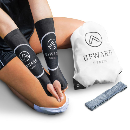 Upward Fitness - Volleyball Arm Sleeves with Passing Protection Forearm Pads and Comfortable Thumbhole Design- Includes Bag and Headband - Perfect For Girls and Boys (XS/S Black)