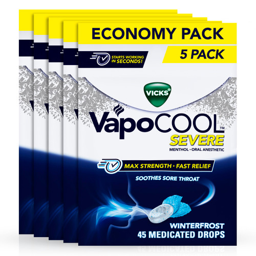 Vicks VapoCool Severe Sore Throat Drops, Max Strength Menthol, Soothes Sore Throat Pain, Winterfrost Flavor, 225ct (5-pack of 45ct)