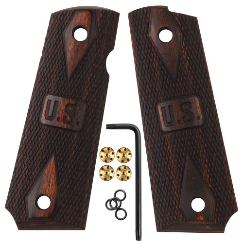 Cool Hand 1911 Wood Grips, Screws Included, Full Size(Government/Commander), Checker Diamond Cut, Ambi Safety Cut (Brown w/US Logo)