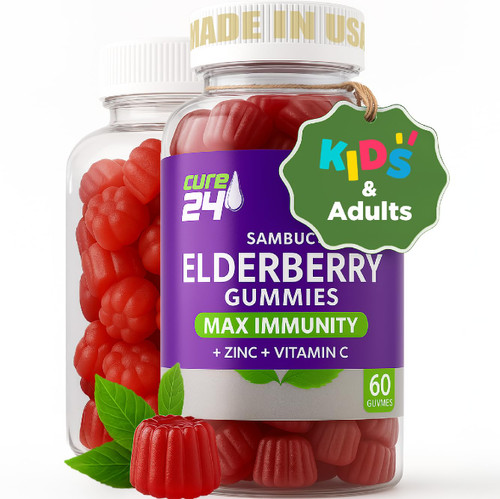 Cure24 Sambucus Elderberry Gummies + Vitamin C + Zinc for Kids & Adults, X3 Immune Support, Natural Flavors + Ingredients, Vegan, Non-GMO, Made in USA (60)