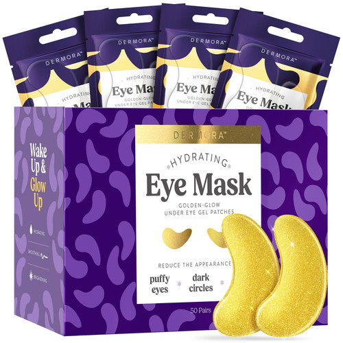 DERMORA Golden Glow Under Eye Patches | Rejuvenating Treatment | Dark Circles, Puffy Eyes, Refreshing, Revitalizing, Travel, Wrinkles | 50 Pairs Eye Gels