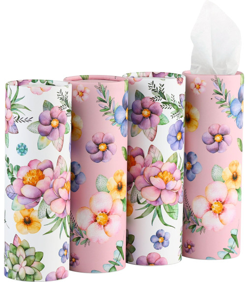 200 Sheets Car Tissues Holder with Facial Tissues 3-ply Travel Tissue Tubes 4 PK Tissues Box Container Perfect Fit for Car Cup Holder Cylinder (Pink)