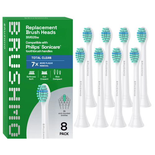 Brushmo Total Clean Replacement Toothbrush Heads, Compatible with Philips Sonicare Click-on Electric Toothbrush Handles, 8 Compact Heads for Hard-to-Reach Areas, Soft Dupont Bristles, BM628, White
