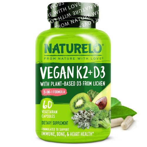 NATURELO Vitamin D3 K2 - Vegan K2+D3 with Plant Based D3 from Lichen - Natural D3 Supplement for Immune System, Bone Support, Heart Health - Whole Food - Non-GMO - Gluten Free, 60 Capsules