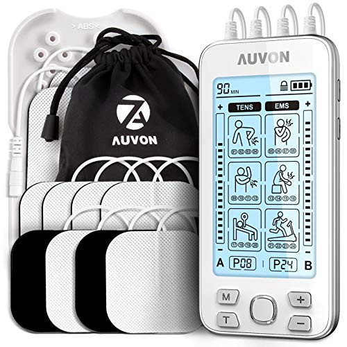 AUVON 4 Outputs TENS Unit EMS Muscle Stimulator Machine for Pain Relief Therapy with 24 Modes Electric Pulse Massager, 2" and 2"x4" Electrodes Pads (White)