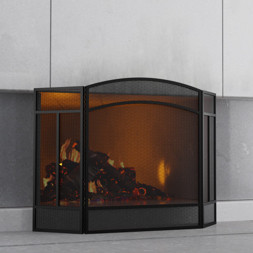 Fire Beauty Fireplace Screen 3 Panel Wrought Iron 48"(L) x 29"(H) Spark Guard Cover(Black)
