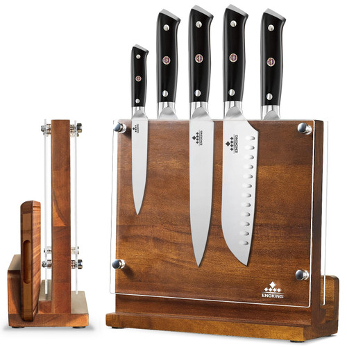 ENOKING Magnetic Knife Block with Acrylic Shield, Double Side Kitchen Knife Holder without Knives- Acacia Wood Universal Knife Storage Organizer with Powerful Magnet for Kitchen Counter