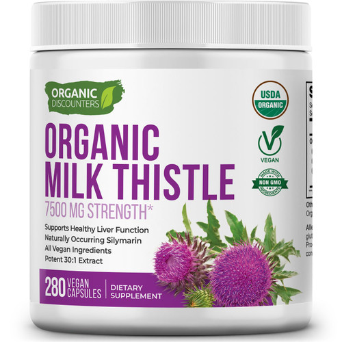 Organic Discounters Milk Thistle Capsules, 280 Count, 7500 mg Strength, Potent 30:1 Extract, USDA Certified Organic, Rich in Silymarin Flavonoids, Vegan, Non-GMO and All-Natural