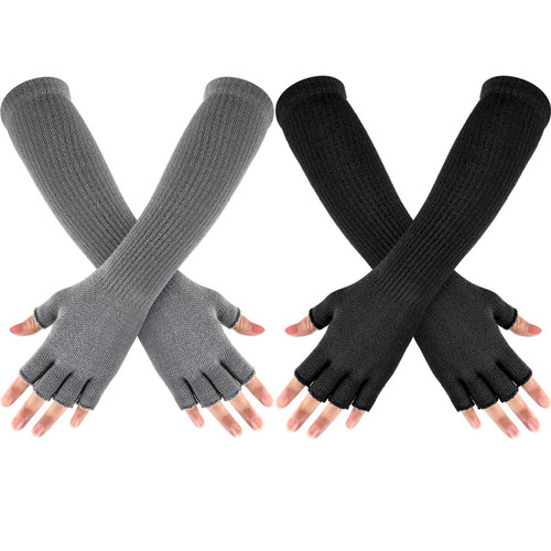 Geyoga 2 Pairs Winter Fingerless Gloves Long Thermal Knitted Mittens Stretchy Arm Warmers Half Finger Gloves for Men Women, 11 Inch (Black, Light Gray)