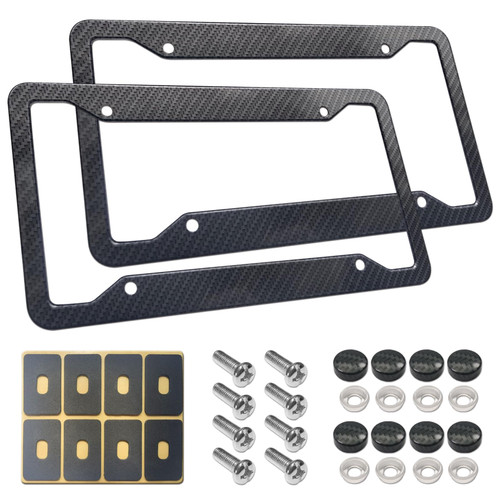 BGMVFK Carbon Fiber License Plate Frame- 2 Pack Black Aluminum Front & Rear Auto Car Tag Holder Cover, Heavy Duty Bracket with Mount Hardware, Screws, Caps, Rattle Proof Pads
