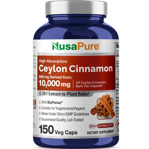 NusaPure Ceylon Cinnamon20:1 Extract, 500 mg Equivalent to 10,000 mg Per Caps | 150 Veggie Capsules | Non-GMO, Vegan with Bioperine