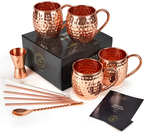 ALARUE Moscow Mule Copper Mugs Set - 4 Authentic Handcrafted 16 oz. Mugs with Accessories - Food Safe Pure Solid Copper - Gift Set with Recipe Book