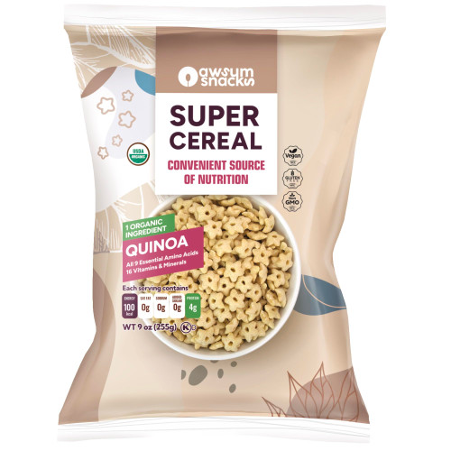 Awsum Snacks SUPERCEREAL 6oz - Certified USDA Organic, Vegan, Gluten Free, Non GMO, Kosher & Grain, Dairy and Sugar Free Cereals - Diabetic Healthy Snack - Cereal Puffed Quinoa Plain