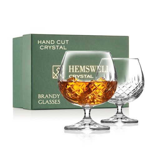 Hemswell Crystal Brandy Snifter Glasses Set of 2 - Small Cut Glass Goblets for Scotch or Whiskey - Cognac Glasses - European Crystal 8.5oz