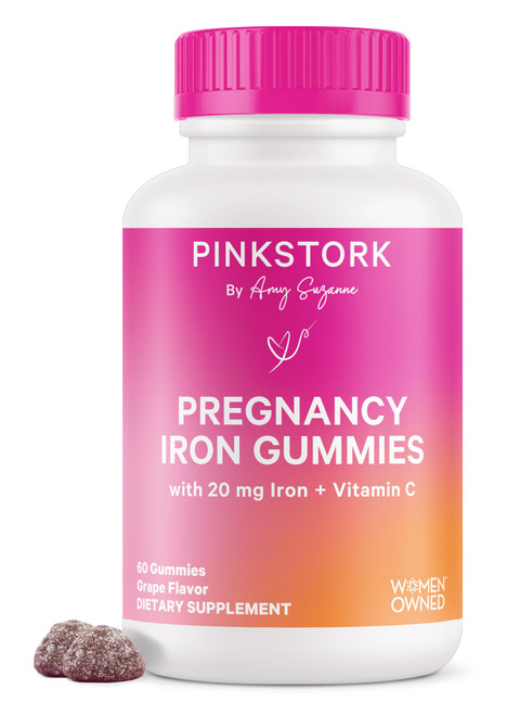 Pink Stork Prenatal Iron Supplement Gummies for Women - 20 mg with Vitamin C - Grape Chewable for Deficiency, Energy, & Blood Builder - 60 Gummy Chews-1764551866