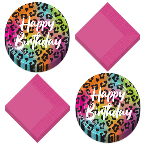 Live It Up! Party Supplies Wild Child Happy Birthday Animal Print Paper Dessert Plates and Napkins - Neon Rainbow Bright Colorful Wild Animal Print (Serves 16, Plates & Napkins)