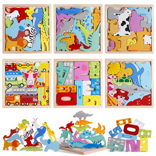 6 Packs Vehicles Animals Numbers Dinosaur Sorting & Stacking Toys Wooden Blocks and Puzzles for 3 4 5 Years Old Boys & Girls Birthday Holiday Montessori Gifts Toys for Toddlers