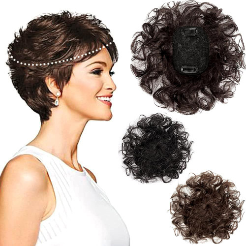 7x10cm Small Area Short Curly Human Hair Topper Fluffy Curly Hair Topper Clip in Toupee Hairpieces Top Crown Topper Hair Replacement Wiglets Weavy Topper Hair Pieces for Women Dark Brown