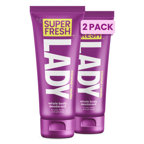 Super Fresh Lady Whole Body Deodorant for Women Twin Pack Aluminum Free Lotion for Privates Body and Skinfolds Stops Odor Coconut Vanilla Scent Feminine Hygiene Two 4 oz Tubes for Daily Use