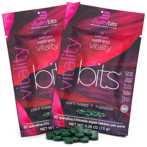 VITALITYbits - Organic Blended Spirulina & Chlorella Tablets - Algae Superfood - Energy, Self Care, Beauty - Replace Greens, Supplements, Protein, Snacks - Vegan, Keto, Gluten Free - 60 Tablets