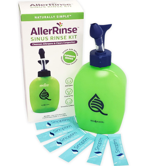 AllerRinse Nasal Rinse Kit, Irrigation System with Res-Q-Rinse Gag Free Nasal Lock Design, 6 Premixed Saline Packets, Natural Relief, Green