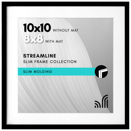 Americanflat 10x10 Picture Frame with Shatter-Resistant Glass - Use as 8x8 Frame with Mat or Display 10x10 Photo Without Mat - Streamline Collection - Square Frames for Tabletop or Wall - Black