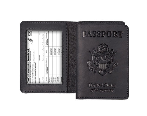 AGBIADD Genuine Leather Passport and Vaccine Card Holder Combo, RFID Blocking, Black, Unisex
