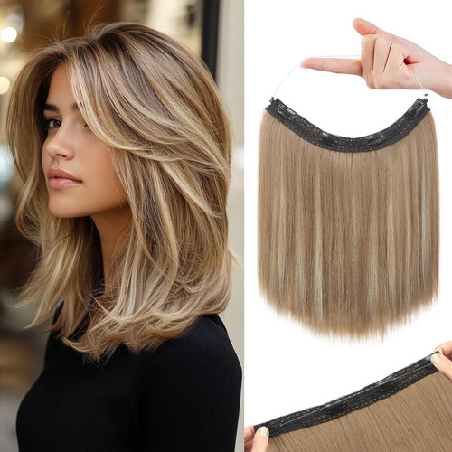 REECHO 12" Invisible Wire Hair Extensions with Thinner Softer Lace Weft Adjustable Size Removable Secure Clips in Short Straight Secret Hairpiece for Women - Dark Ash Brown with Highlights REECHO 12" Invisible Wire Hair Extensions with Thinner Softer Lace Weft Adjustable Size Removable Secure Clips in Short Straight Secret Hairpiece for Women - Dark Ash Brown with Highlights