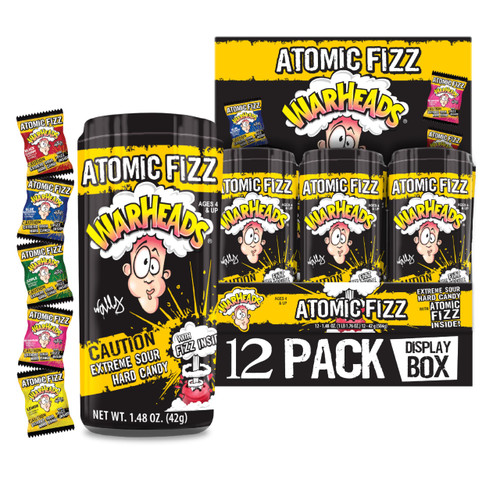 WARHEADS Atomic Fizz - Extreme Sour Fizzing Hard Candy - Sour Apple, Black Cherry, Blue Raspberry, Lemon & Watermelon Flavors - 1.48 oz Canisters - 12 Pack Display Box