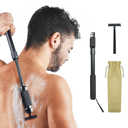 ETbyto Safety Razor Extension Handle with Adjustable Length for Leg Razor,Back Shaver for Men,Multi-Function Extension Shaver Handle can be Fitted Lotion Applicator,Hair Brush for Wet or Dry（Black）