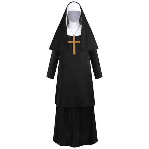 GRAJTCIN Halloween Nun Costume for Women Mother Sister Church Nun Habit Outfit 3 Pcs Scary Nun Dress Cosplay (M, Black)