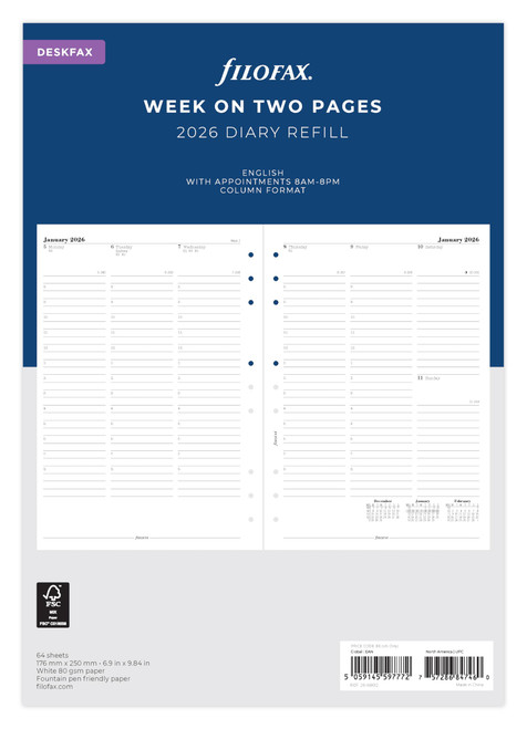 Filofax Deskfax week on two pages with appointments English 2026 diary 26-68612