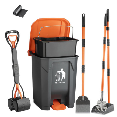 WLQiu Pooper Scooper 6 Pack Set -28" Dog Pooper Scooper Rake Tray Spade Set for Large Small Dog,15L Trash Can Outside with 20 Waste Baqs, OdorLock Step Can for no Touch Dog Poop for Grass/Gravel