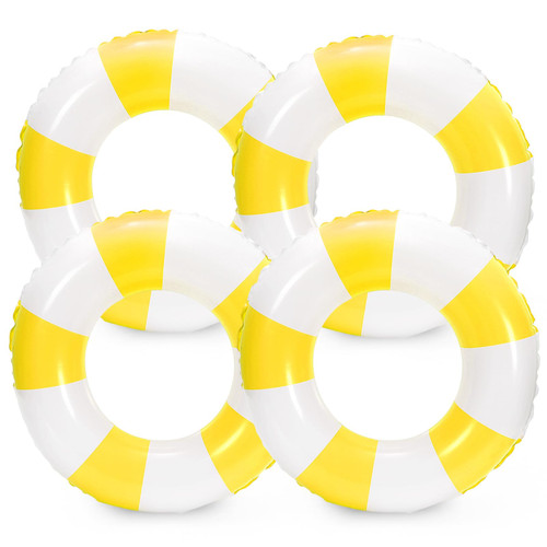 Whaline 4Pcs White Yellow Inflatable Swimming Float Toy Striped Swim Ring Fun Print Pool Lounger Tube for Teen Boy Girl Summer Swimming Beach Party, 22.8 Inch
