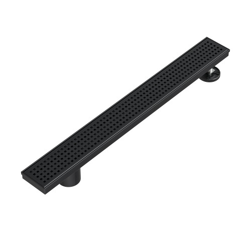 Neodrain 24-Inch Offset Side Outlet Linear Shower Drain with Quadrato Pattern Grate Cover, 304 Stainless Steel Rectangle Shower Floor Drain, with Leveling Foot, Hair Strainer Catcher, Matte Black