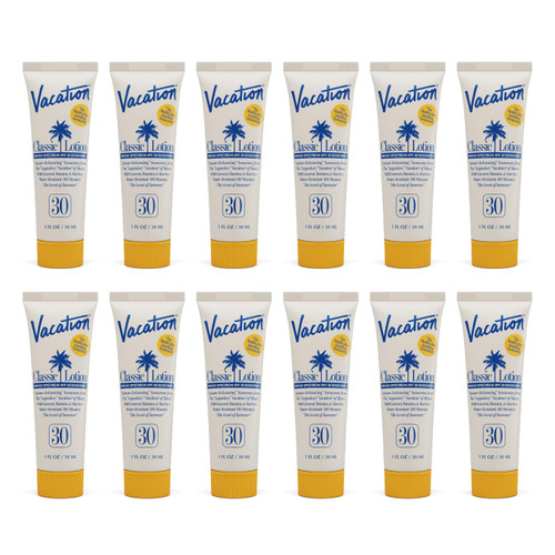 Vacation Mini Classic Sunscreen SPF 30, Water-Resistant, Bulk Suntan Lotion, Bachelorette Party Favors, Beach Must Haves, Traveling Essentials, Travel Size, 1 Fl. Oz. (Value Pack of 12)