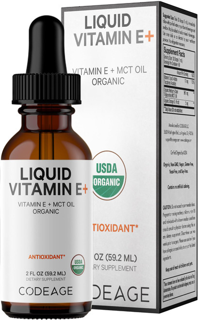 Codeage Liquid Vitamin E+ - USDA-Certified Organic Vitamin E - 2-Month Supply - D-Alpha Tocopherol Acetate, Organic MCT Oil, Orange Fruit Oil, Unflavored, Non-GMO, Vegan, Gluten-Free, 2 fl oz